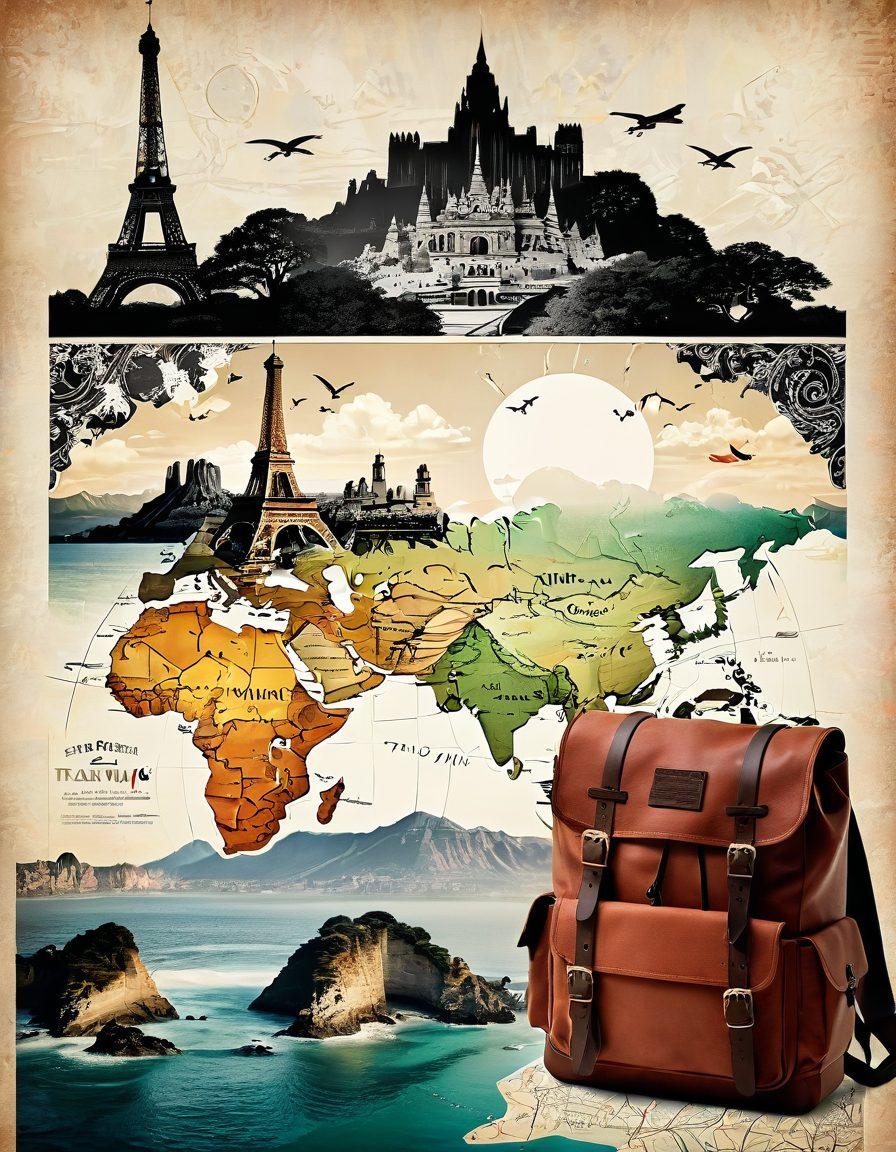 A stunning landscape collage featuring diverse travel destinations like the Eiffel Tower, the Great Wall of China, and the beaches of Bali, layered with a vintage map in the background. Include vibrant travel essentials such as a backpack, a camera, and a compass subtly integrated into the scene. Capture the essence of adventure and excitement, with a soft, warm light filtering through the clouds, inviting viewers to explore. retro travel poster style. vibrant colors. 3D effect.