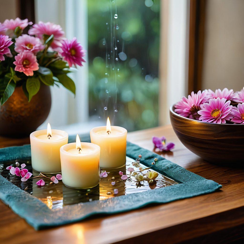 A serene spa setting featuring a beautifully arranged table with essential oils, candles, and fresh flowers. In the background, a tranquil water fountain and soft, diffused natural light creating a calming atmosphere. A pair of hands gently holding a glowing crystal, symbolizing wellness and balance. Include elements like a journal and herbal tea, highlighting self-care practices. super-realistic. soft colors. warm lighting.